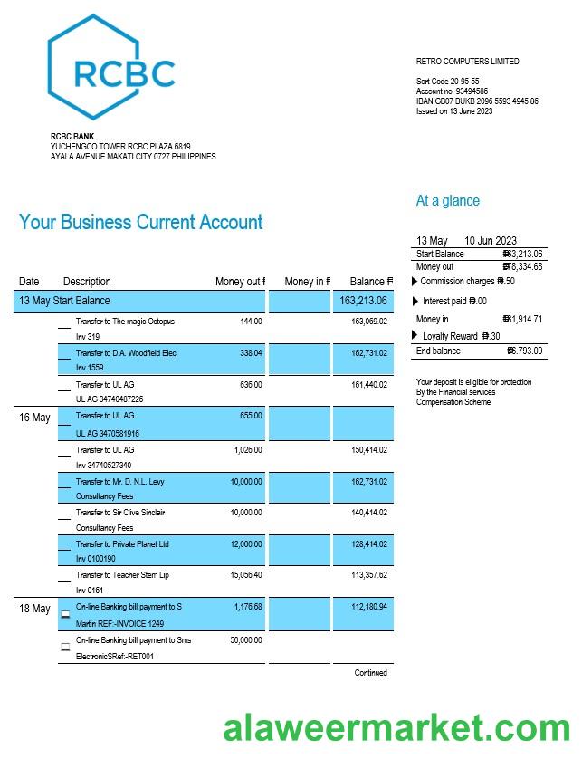 RCBC Bank organization account statement Word and PDF template